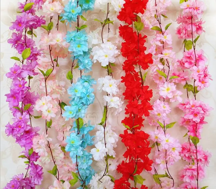 

Artificial Flowers Cherry Blossom Sakura cane artificial vine for wedding decotations wall mounted flower string AF07