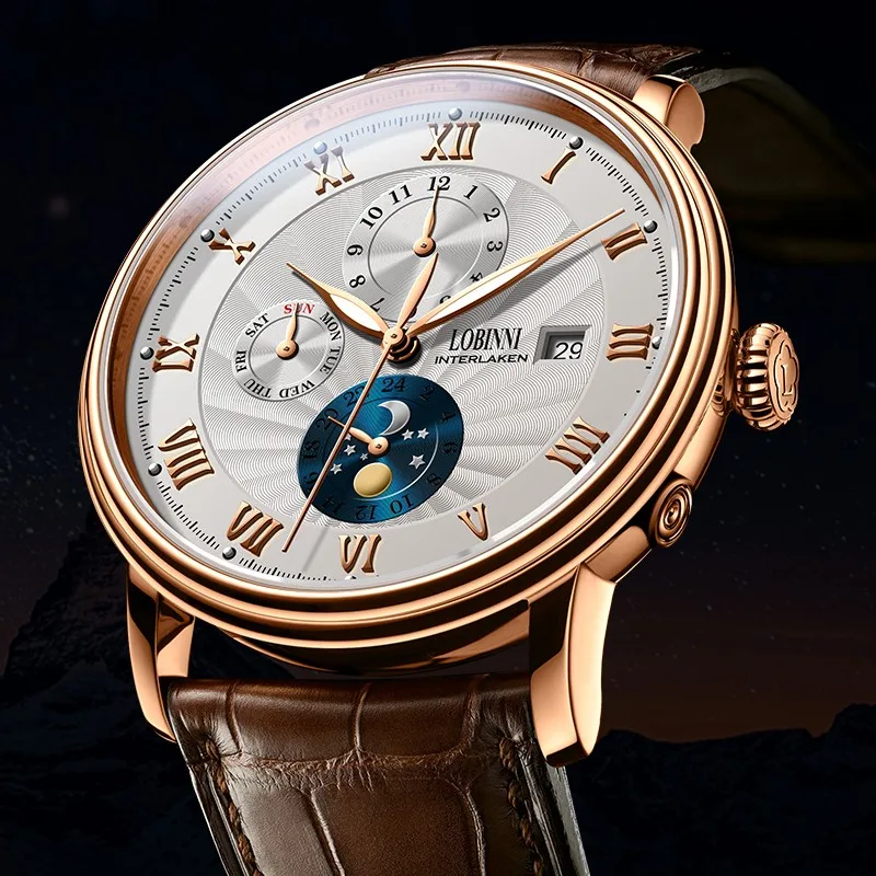 New LOBINNI Switzerland Men Watches Luxury Brand Seagull ST16 Automatic Mechanical Clock Sapphire Moon Phase Waterproof L1023B-5