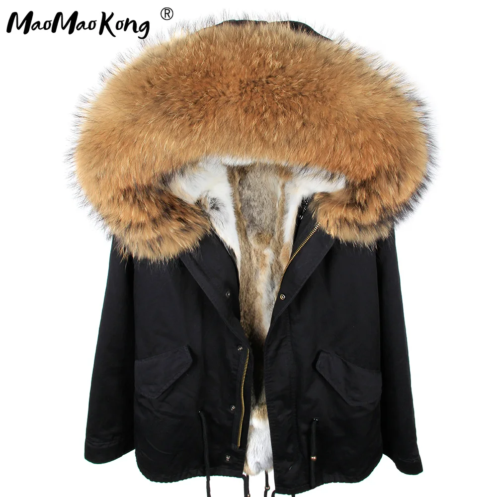 maomaokong Black fox fur Collar winter coat women jacket  Natural Fur Bunny Lined Jacket Coats