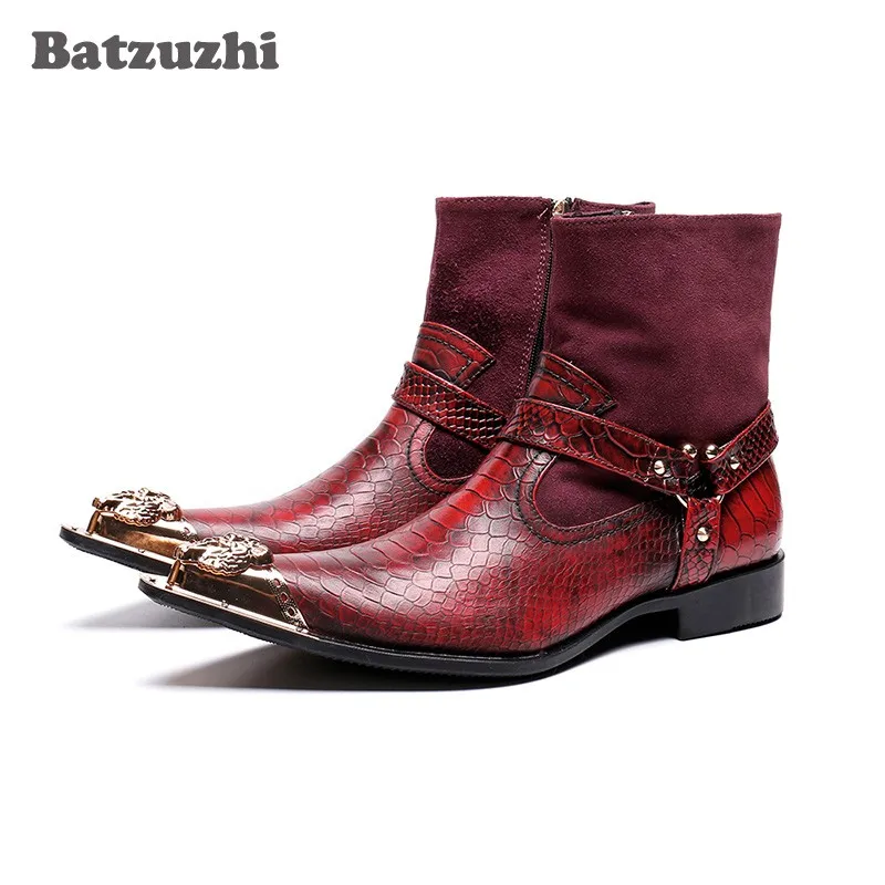 Batzuzhi Rock Party Boots Men Pointed Metal Tip Motorcycle Boots Men Botas Hombre Red Wedding Dress Boots for Men, Big US6-US12