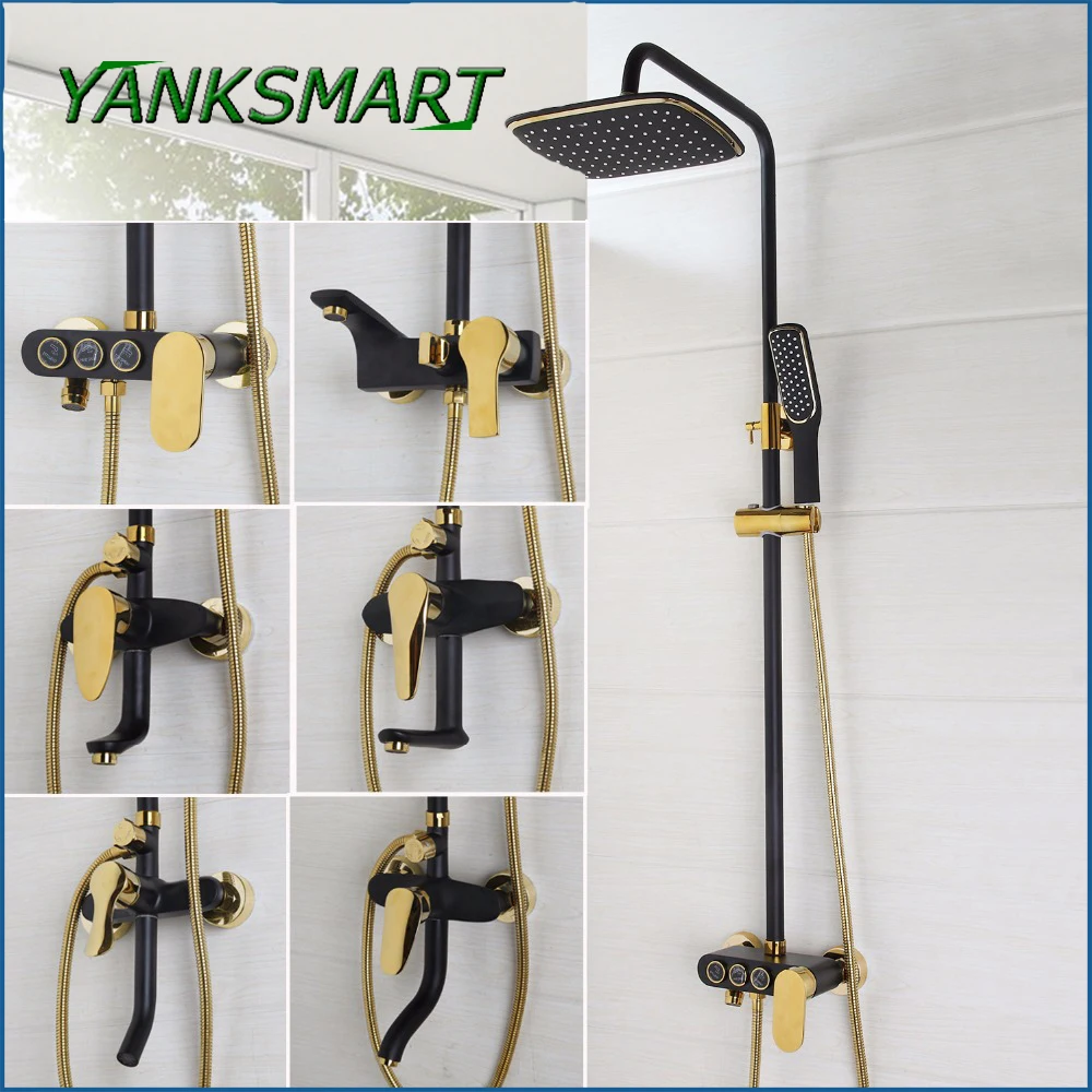 

YANKSMART Bathroom Black Shower Set Wall Mounted Square Rainfall Shower Mixer Tap Faucet 3-functions Mixer Valve set