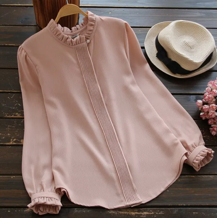 Nieuwe Vrouwen Lente Chiffon Shirt Blouse Wit/Grijs/Roze Basic Shirt Dames Stand Kraag Ruches Blusas Femininas