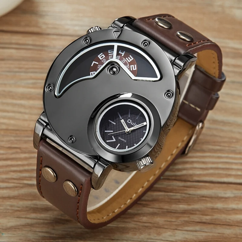 

Oulm Unique Double Time Zone Sports Quartz Watch Male Clock Casual PU Leather Military Wristwatch Men's Watches reloj hombre