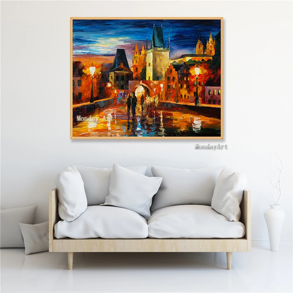 Pop Art hand painted Romance Couple Rain Street Landscape Oil Painting on Canvas Modern art Wall Picture For Living Room bedroom