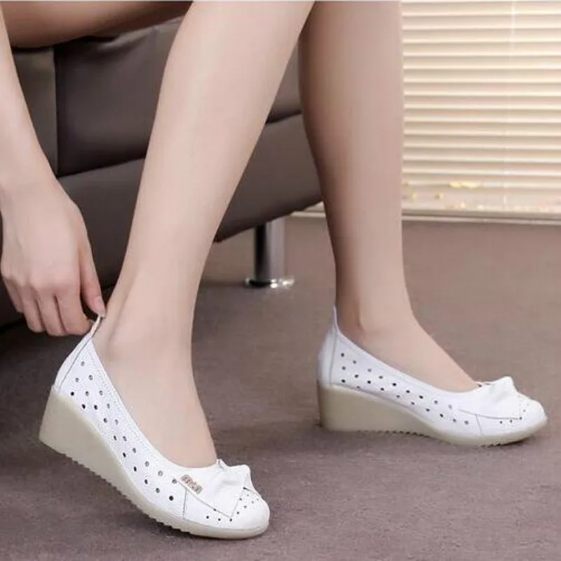 ZXRYXGS Brand Shoes Casual Soft Cow Leather Shoes Women Shoes White Nurse Hollow Sandals 2024 Spring Summer Wedges Fashion Shoes