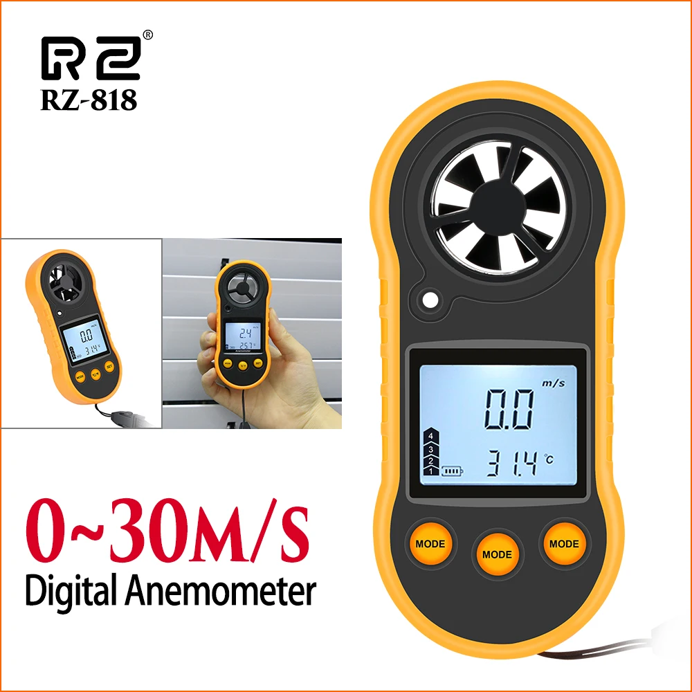RZ Anemometro velocità Del Vento Meter Anemometro Lcd Digitale di Velocità del Vento Meter Sensore Portatile 0-30m/s GM816 Mini Anemometro Vento misuratore di velocità
