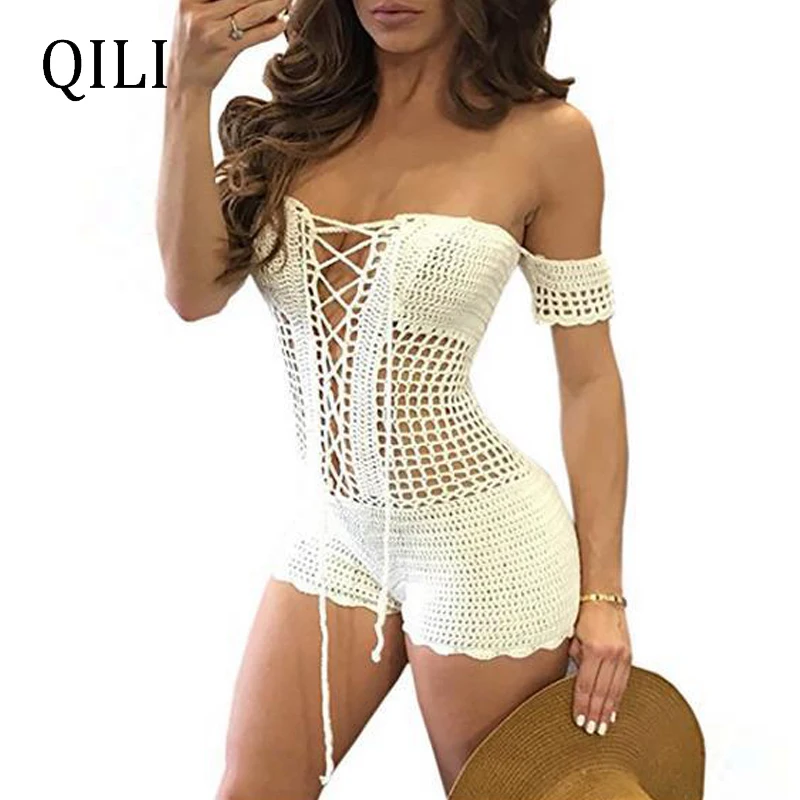 

QILI-Sexy Off The Shoulder Cotton Jumpsuit for Women, White Black Rompers, Hollow Out Lace Up, Cotton Play Suit, Short