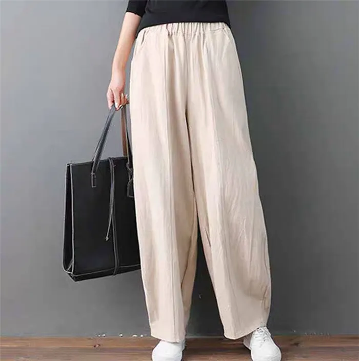 

2024 brand Summer Casual Long Trousers Women Elastic Waist Retro Linen Cotton Harem Pants wide leg pants