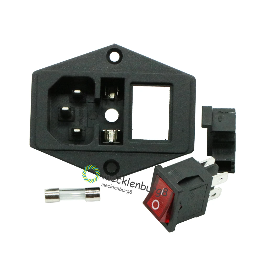 New AC 250V 10A Black Red 3 Terminal Power Socket with Fuse Holder