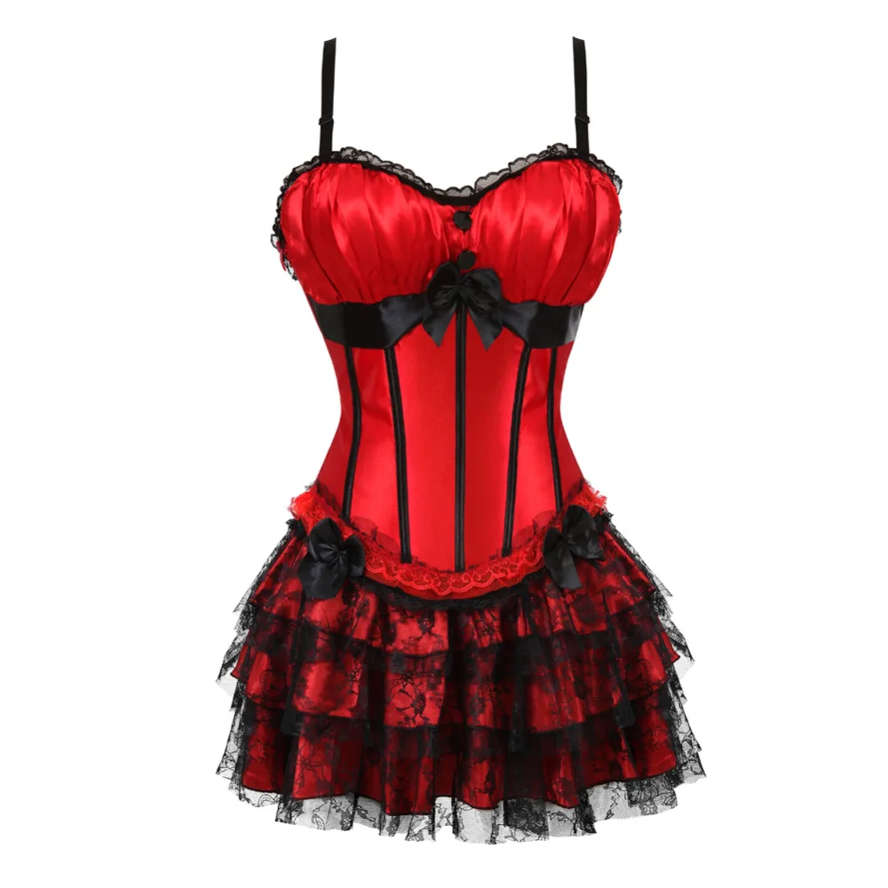 Czerwony Gorset Top Mini Spódniczka Koronkowy Kostium Karnawałowy Party Showgirl Dance Dress Gorset Sukienki dla Kobiet Seksowny Gorset z Paskami