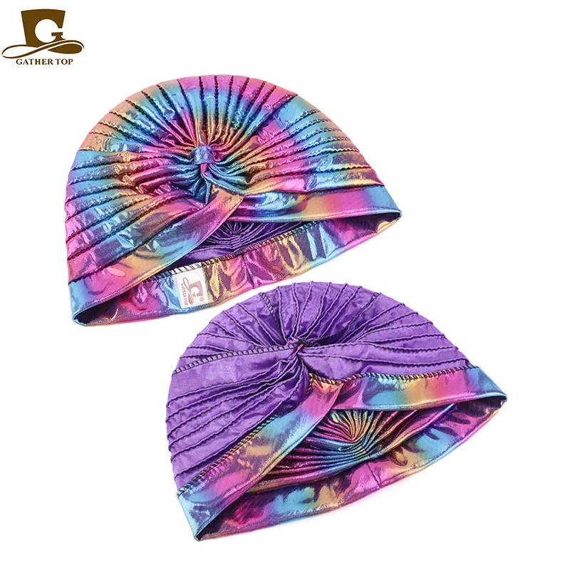 Colorful New Women Laser Silky Ruffle Metallic Turban Hair Cover Accessories Wave Caps Bonnet Salon Hat Turban Headwrap