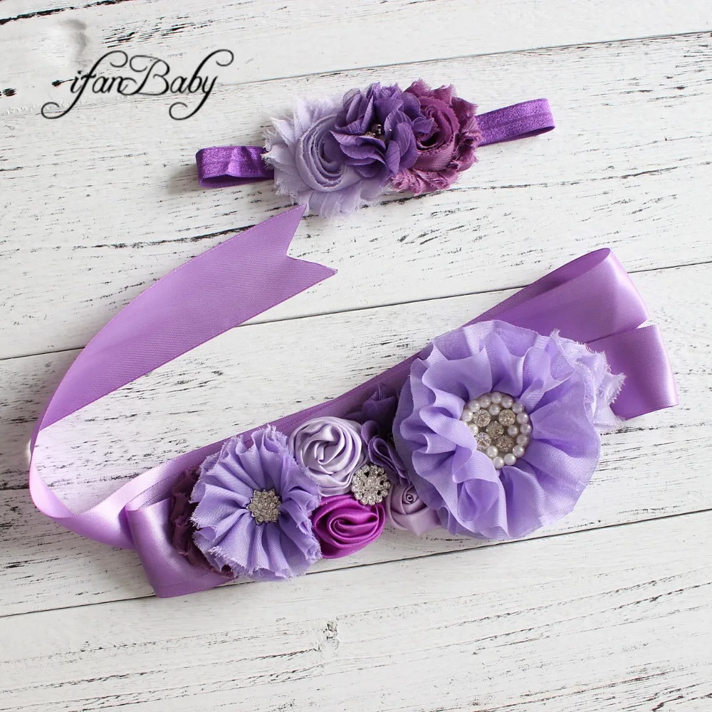 Fashion Lavender purple flower Belt,Girl Woman Sash Belt Wedding Sashes belt  with flower headband 1 SET