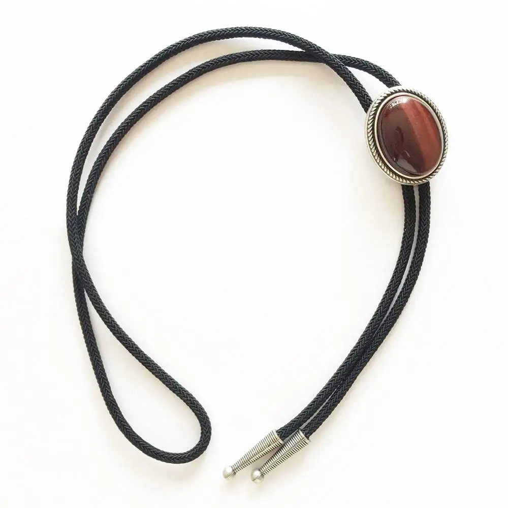 Vintage Silver Plated Nature Red Tiger Eye Stone Western Oval Bolo Tie Neck Tie With Sky Systems Fiber Braided Rope