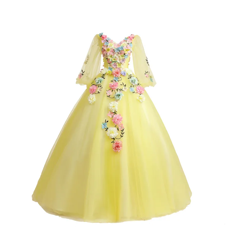 

Trajes De Quinceaneras New Yellow V Neck Long Sleeve Quinceanera Dresses Lace Flower Fairy Plus Size Custom Made Prom Gown L