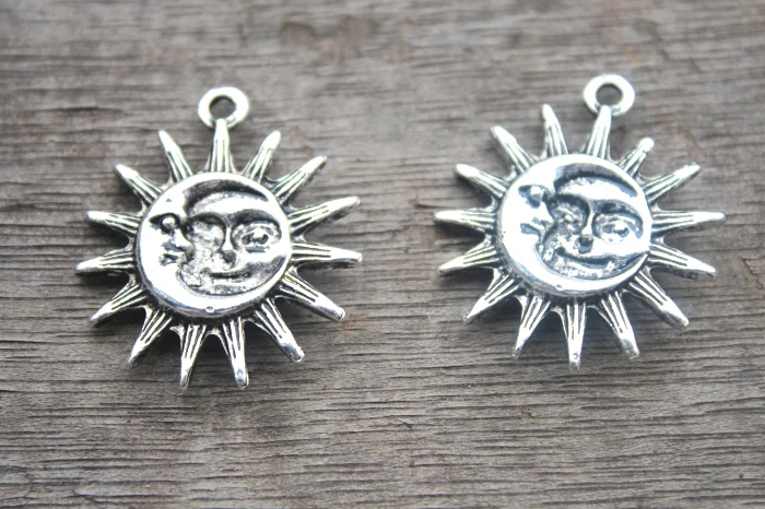 6pcs Sun and Moon Pewter Charm , Silver tone Sun and Moon Charm Pendant 25x30mm