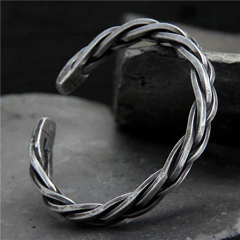 

S925 Sterling Silver Chiang Mai Handmade Retro Thai Silver Vintage Style Twist Rope Male And Female Open Ended Bangle