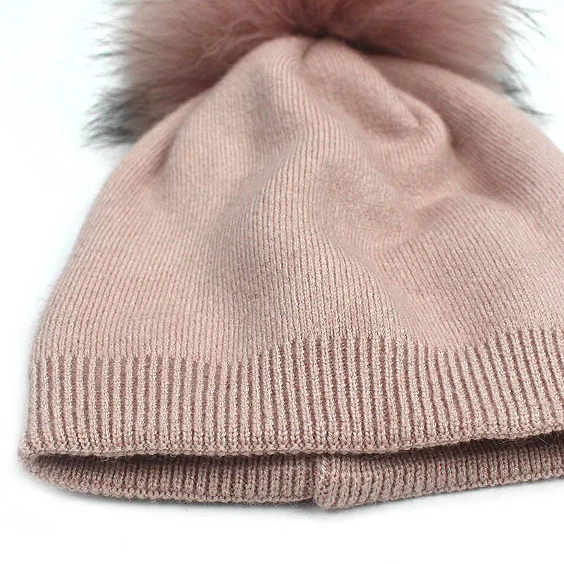 Children's Knit Beanie Hat Dyeing Raccoon Fur Pom Pom Winter Hat Boy Girl Warm Skullies Bone Brand Kids Baby Soft Cap