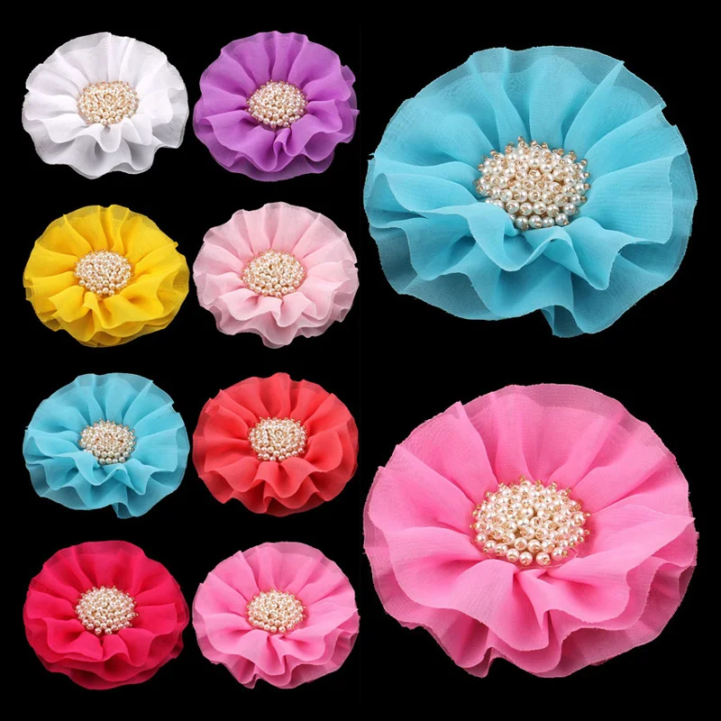 

120pcs/lot 4" 15colors Big Ruffled Chiffon Flower+Pearl Centre For Kids Hair Accessories Fabric Flowers Hair Clip For Headbands