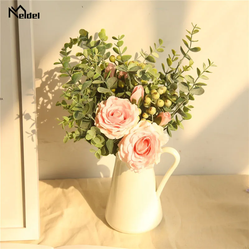 Meldel Braut Hochzeit Bouquet Brautjungfer Rose Eukalyptus Blätter Bouquets Künstliche Seide Blume Ehe Tisch Center Zubehör