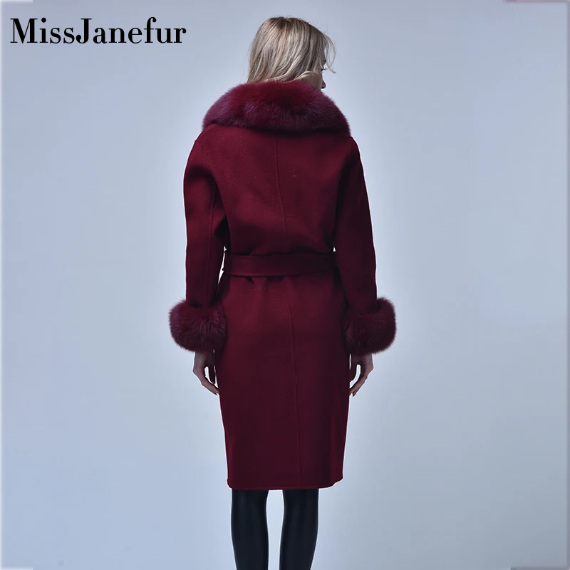 Women Cashmere Coat with Real Fox Fur Collar Woolen Jacket with Belt Winter Autumn Slim Lady 2022 Long Overcoat Women Wool Coat