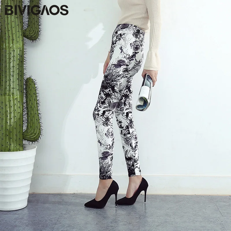 BIVIGAOS-Leggings con estampado de flores y grafiti para mujer, pantalones de malla con estampado de flores grises, tejido de lijado, informales, elásticos