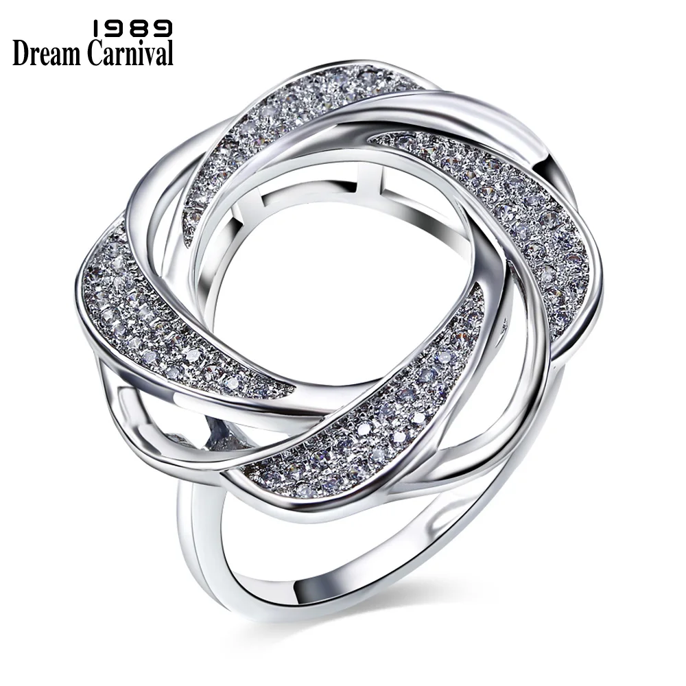 DreamCarnival 1989 Hollow Flower Ring For Women CZ Paved Rhodium Gold Color Whirling Design Deluxe Bagues Femme Anillos SJ24573