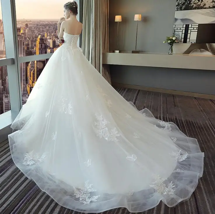 VENSANAC Pearls Pleat Strapless Lace Appliques Ball Gown Wedding Dresses Off The Shoulder Court Train Bridal Gowns