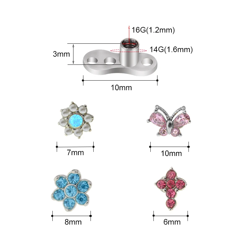 1PC 100% Surgical Steel 14G Micro Skin Diver Dermal Piercing Crystal Top Dermal Anchor Jewelled Piercings TopS Hide in Body