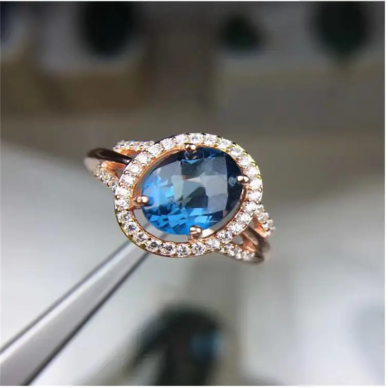 Natural topaz ring Free shipping Finger ring Natural real blue topaz 925 sterling silver ring Luxury style rings  7*9mm Gem