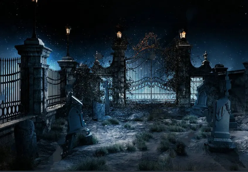 Cemetary Celebrity Old Gothic Iron Gate Lantern Night photo backdrop   Computer print Halloween background