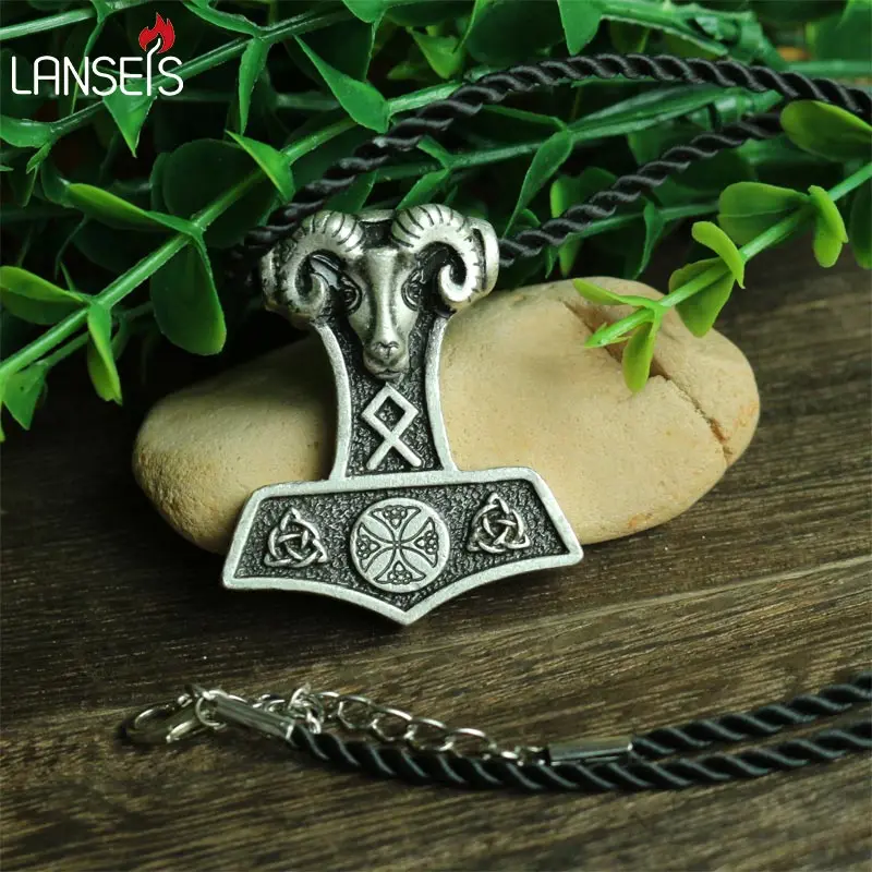 

lanseis10pc wholesale norse Ram Thor Hammer pendant viking Norway symbol necklace norse animals thor's pendant Amulets jewelry