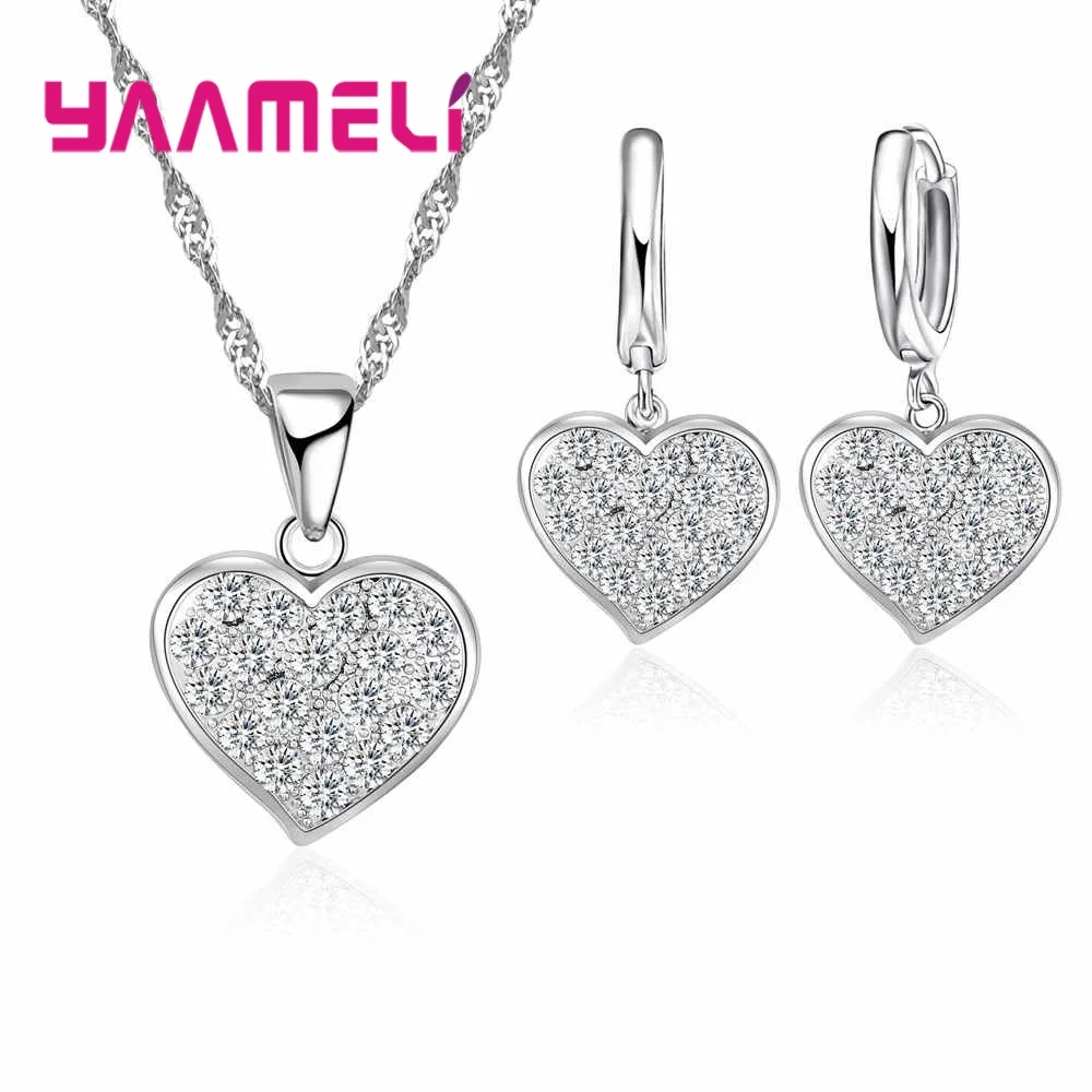 

Necklace Earrings Set 925 Sterling Silver Love Embellishment Crystal Stone Cubic Zirconia For Women Girl Wedding Engagement