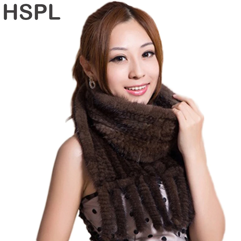 HSPL Hot sale Real Mink Fur Scarf Women Knitted Natural Mink Fur Scarves Black and Brown color scarf available