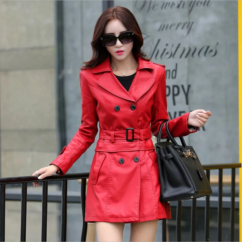 Hot 2024 Spring Autumn New Women Long Leather Jacket Slim Oversize Bow Belt Motorcycle PU Coat Female Trench