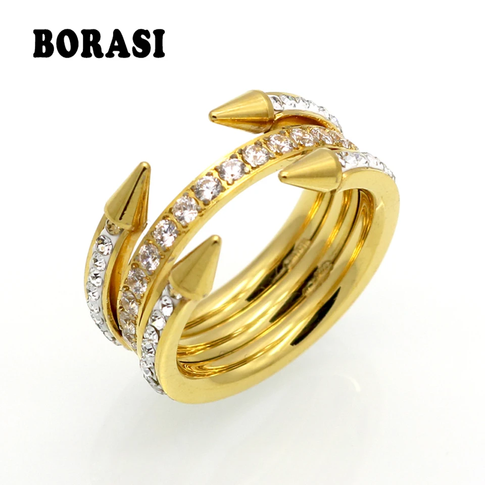 BORASI Europe Design Double Arrow 3 Layer Trendy Women Rings Stainless Steel Conical Awl Row Crystal Brand Love Cone Nail Ring