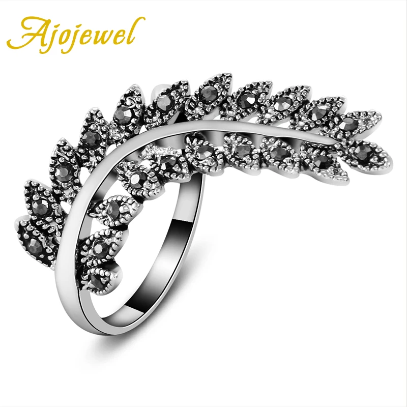 Ajojewel Original Black Rhinestone Leaf Ring Vintage Retro Chic Woman Jewelry For Fingers