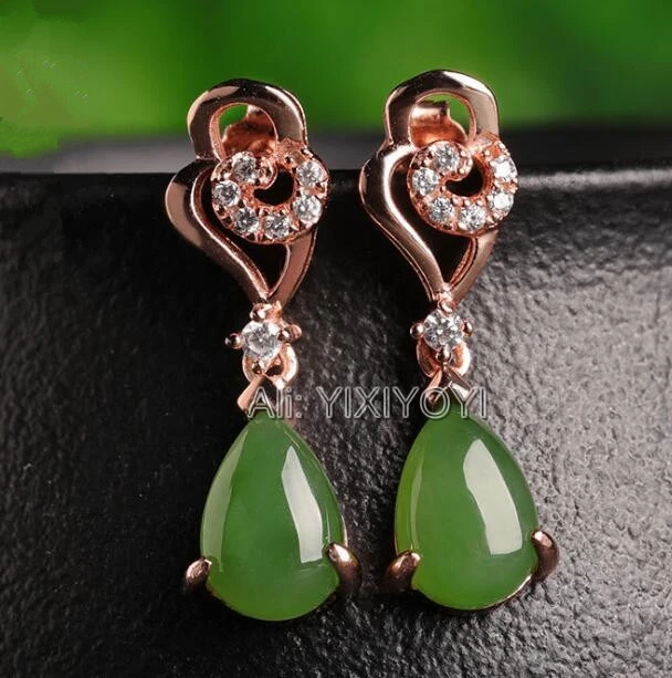 

Beautiful 925 Silver Green HeTian Jade Beads Inlay Water Drop Dangle Earrings Woman's Lucky Earring Ear Jewelry Certificate