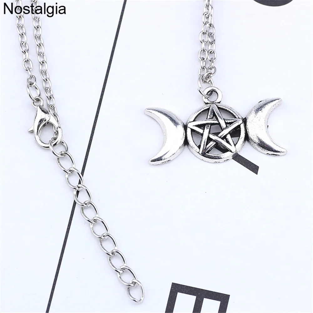 Nostalgia Wiccan Triple Moon Goddess Pendant Necklace Men Women Wicca Pagan Pentagram Pentacle Witch Jewelry