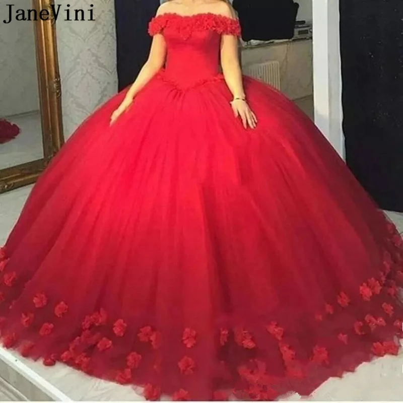 JaneVini Elegante Rosso Abiti stile Quinceanera 2019 Dell'innamorato Lungo Da Promenade Del Partito Abiti Fatti A Mano Fiori Plus Size abito di Sfera Quincera