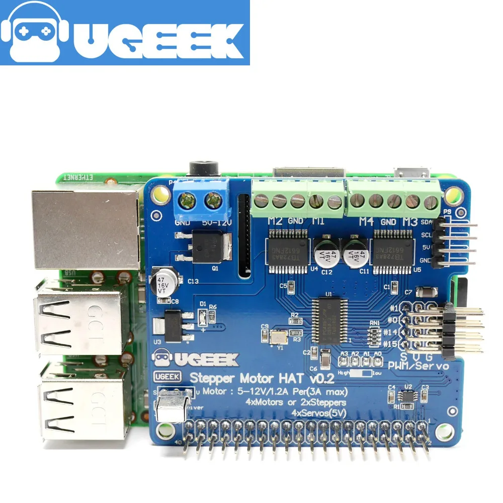 Robô/chapéu para motor de passo ugeek, para raspberry pi 3b, 3b +, 3a +, 2b, 4b, zero, zero w | motor de passo/servo/motor/sensores/ir romote