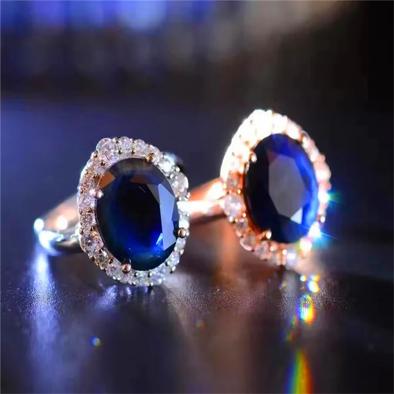 Cincin Mewah Perhiasan Biru Tua Sapphire Cincin 10*12 Mm untuk Wanita 925 Sterling Perak Hadiah Ulang Tahun Pernikahan