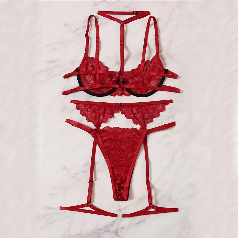 Aduloty Red Floral Lace Garter Lingerie Set With Choker Women Intimates 2022 Underwire Bra And Thongs Ladies Underwear Set