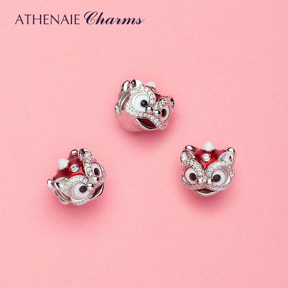ATHENAIE 925 Sterling Silver Clear CZ Mixed Enamel Chinese Lion Dance Charms Red Enamel Beads Fit Bracelets Gifts For Women