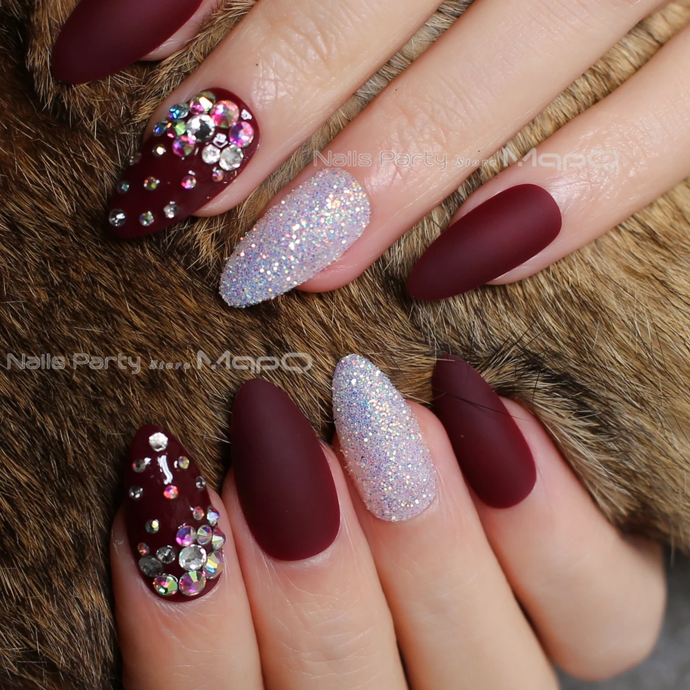 

Stiletto Matte Burgundy glitter false nails crystal full sets fake nails Artistic shape diamonds spread out red press on nails