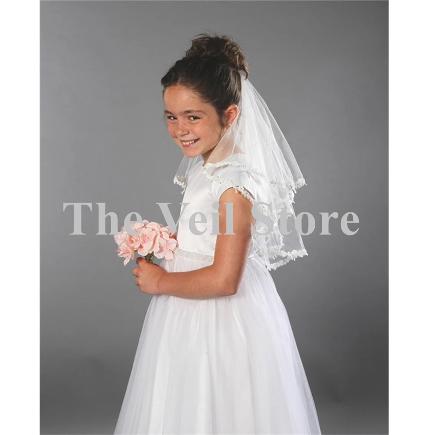 Voile de Mariage Double couche pour filles, Voile de première communion, en Tulle, bord appliqué, pour enfants