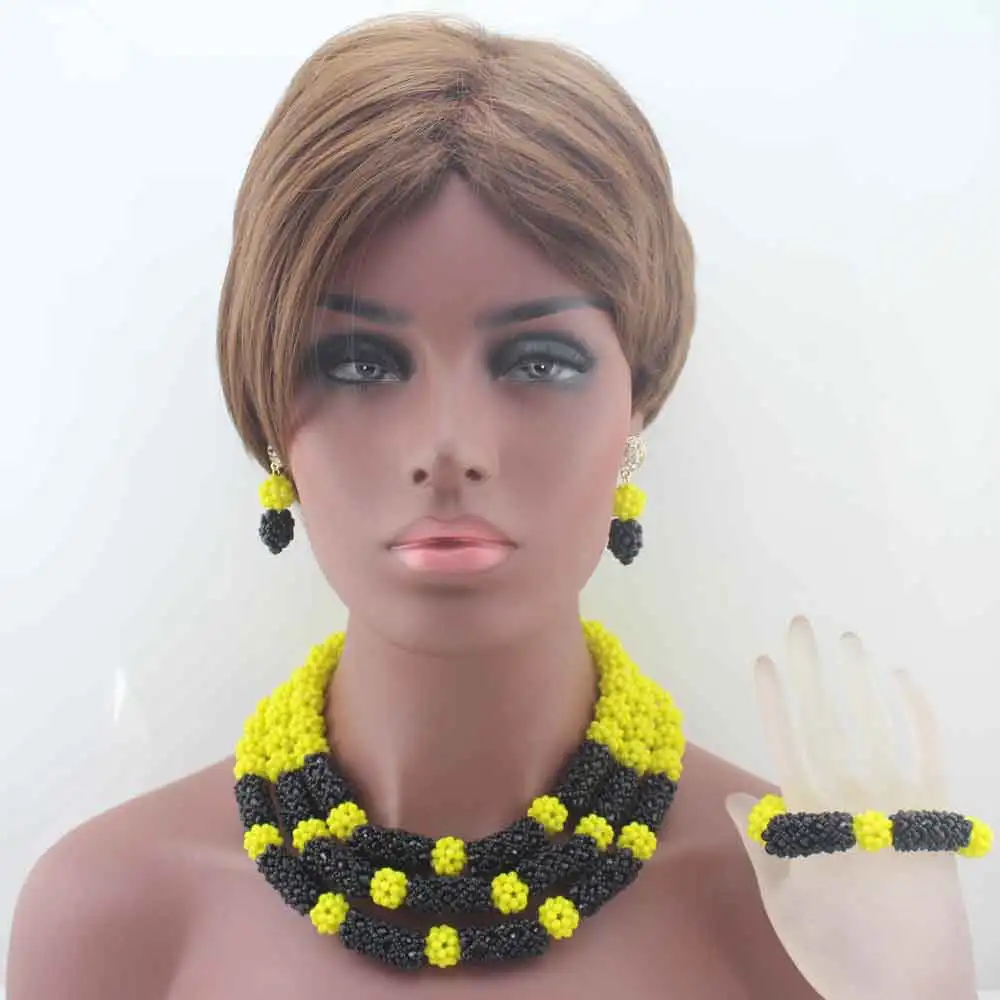 

Yellow and Black Women Costume African beads Jewelry Set Indian Nigerian Wedding beads jewelry Statement Necklace Set W13604