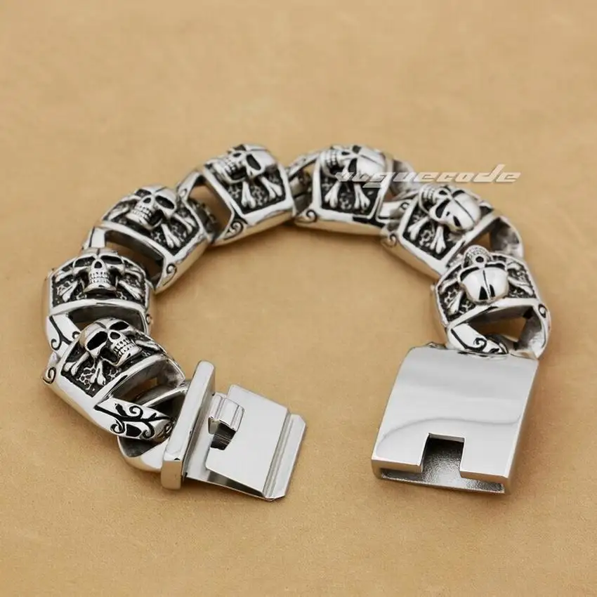 

Stainless Steel Huge Heavy Pirate Skull Mens Biker Punk Link Bracelet 5T002