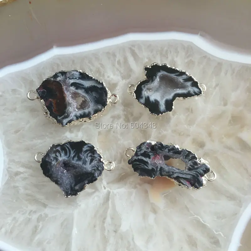 10pcs Nature Black  Quartz Geode  Gem Stone Connectors, Silver Color Crystal Drusy  Geode Pendant Beads Findings