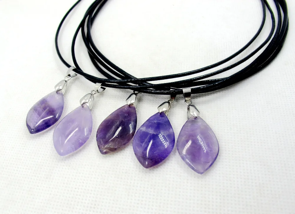 Christmas Gift,Natural Amethyst Quartz Necklace Gem Stone Necklace With Leather chain 18