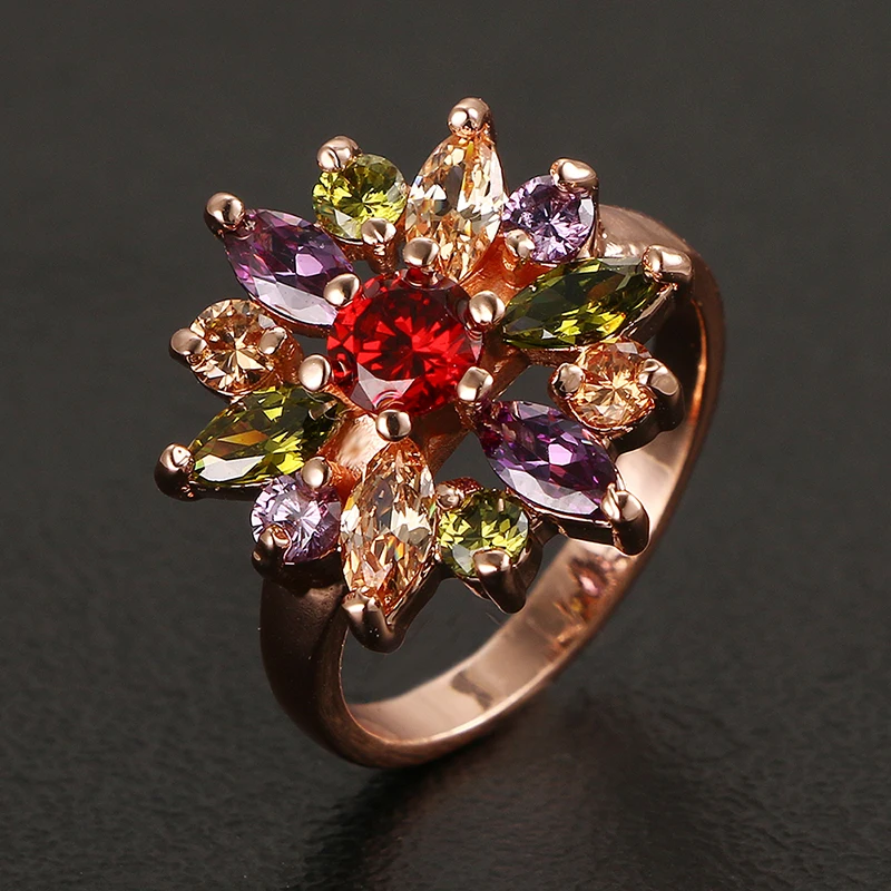 Emmaya Hot Sale Colorful Zircon Ring Gold Color Beautiful Flower Engagement Rings Jewelry Party Wedding Accessories